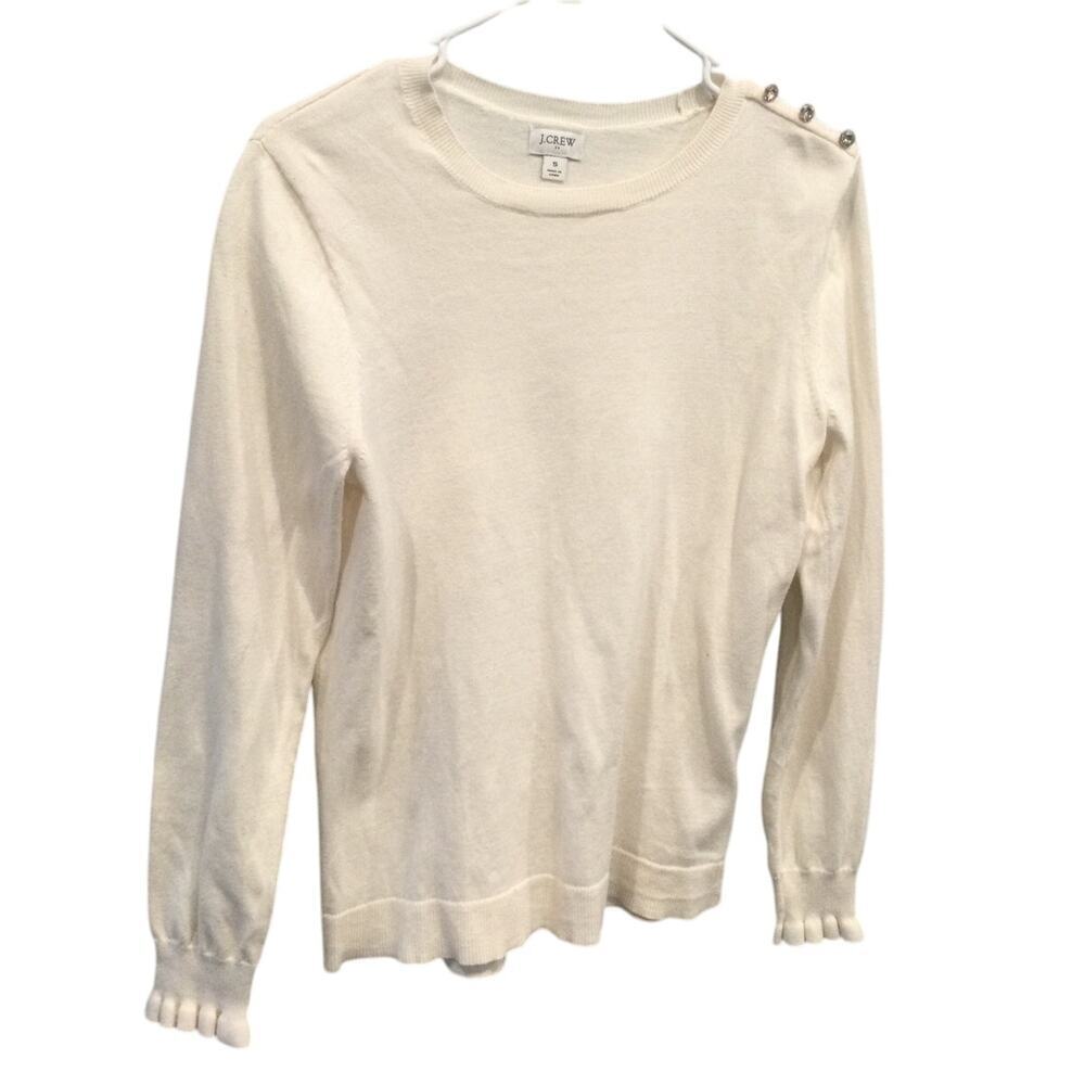 J.Crew Womens Sweater Size S White Button Detail Cotton Ruffle Preppy Old Money